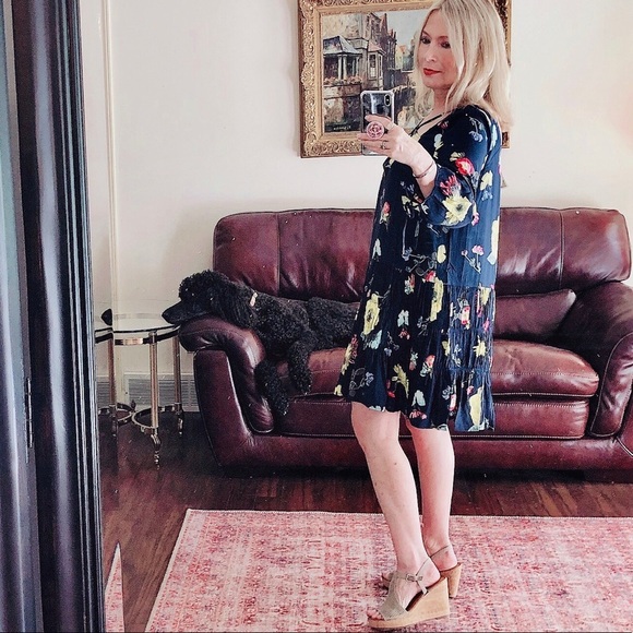 ENTRO navy blue floral swing dress 3/4 sleeves - Picture 5 of 6